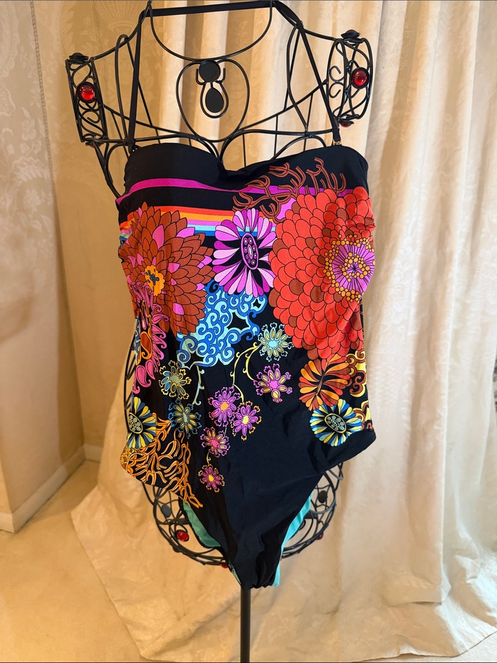 Trina Turk Black Bandeau One-Piece with Bright Floral Print